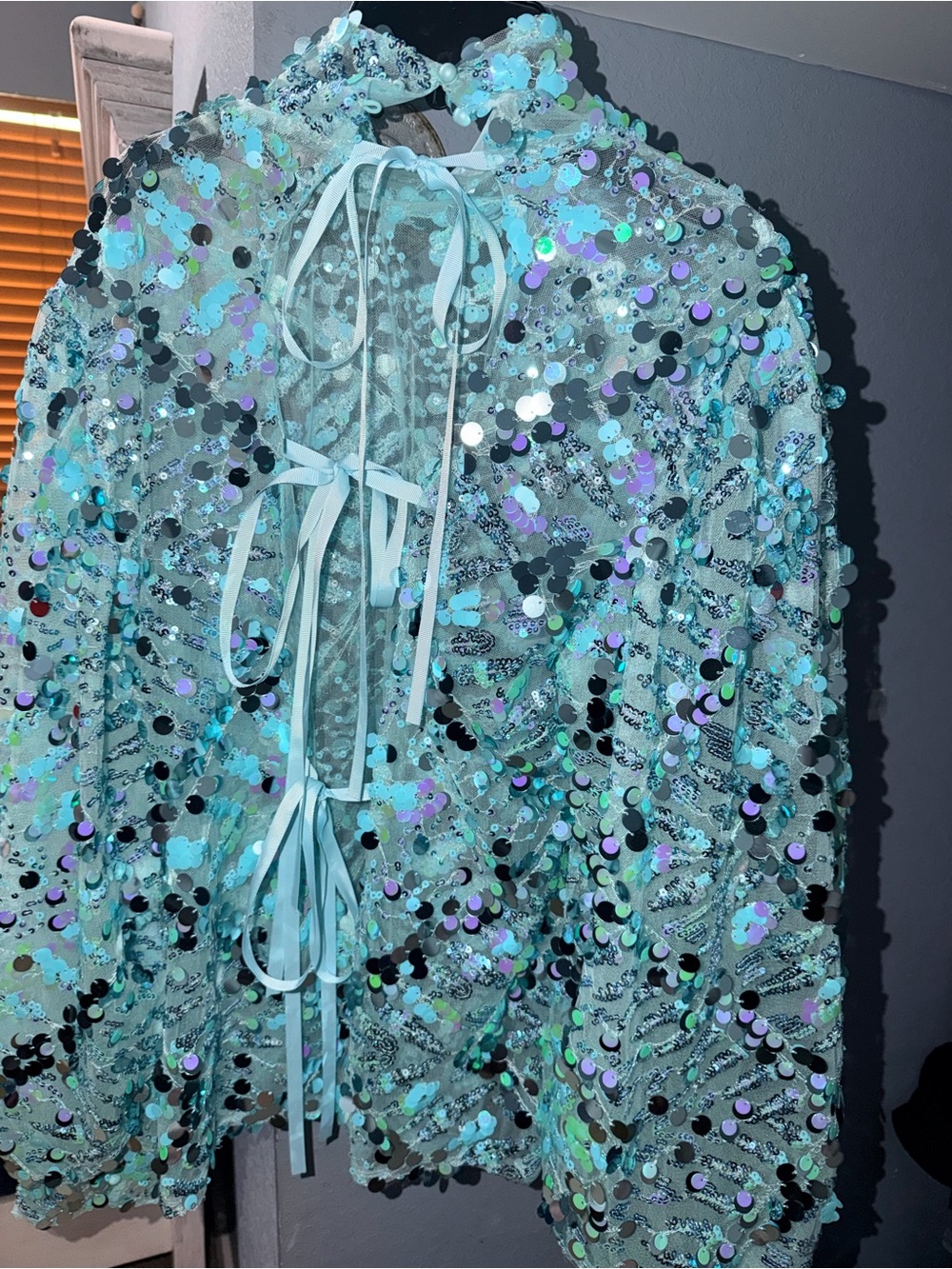 AKIRA Aqua Iridescent Sequin Long Sleeve Top - Picture 2 of 3